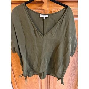 Milly Womens Olive Green V-Neck Ruched Side Drawstring Silk Blend Blouse Top L